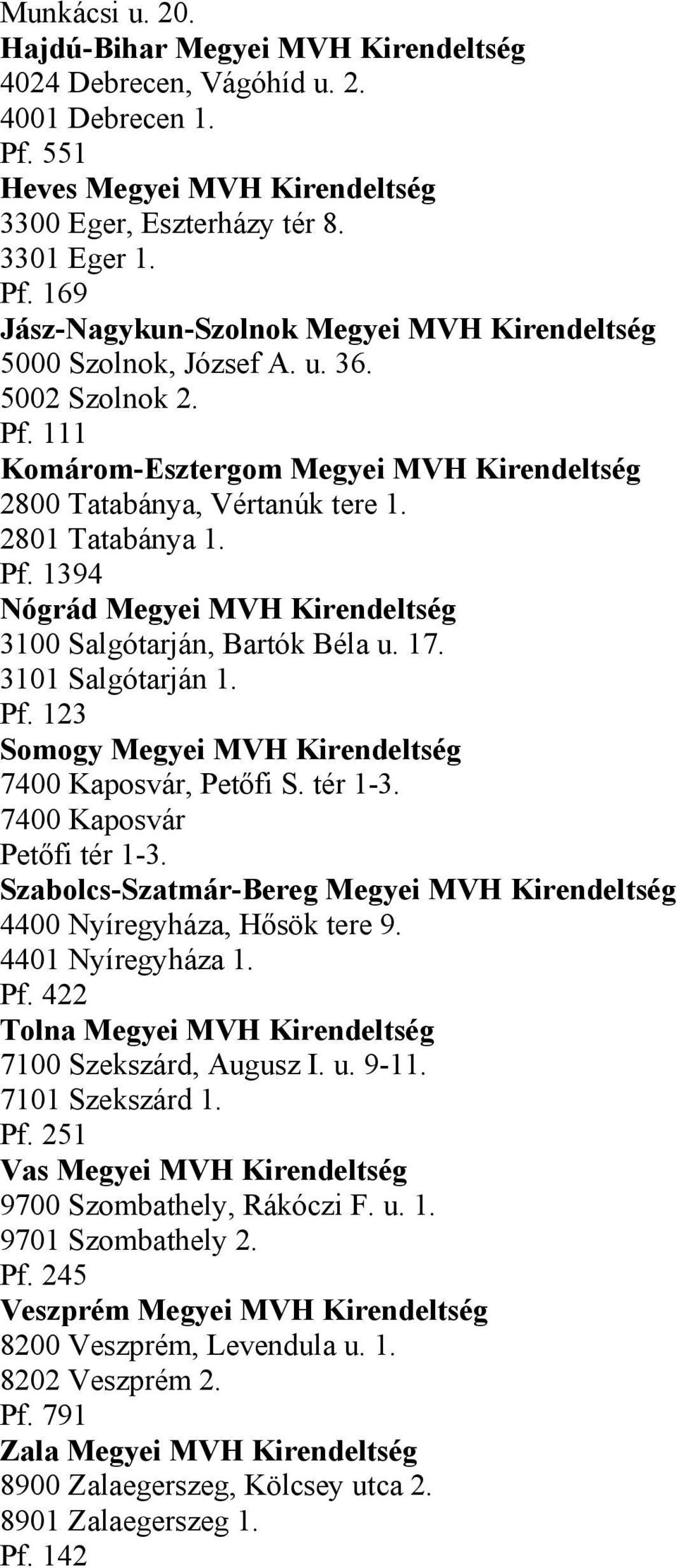 3101 Salgótarján 1. Pf. 123 Somogy Megyei MVH Kirendeltség 7400 Kaposvár, Petőfi S. tér 1-3. 7400 Kaposvár Petőfi tér 1-3.
