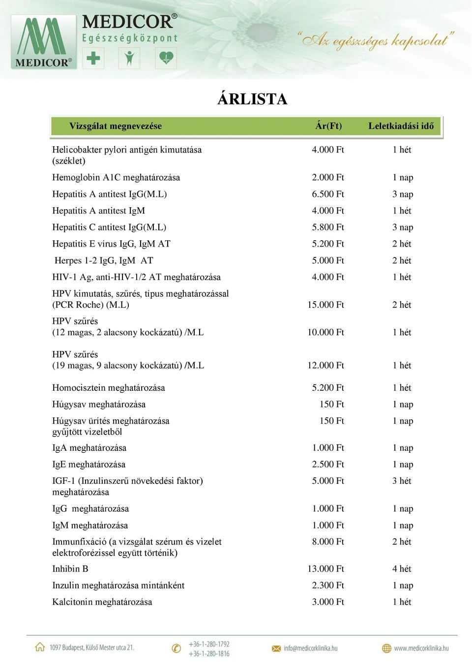 000 Ft 1 hét HPV kimutatás, szűrés, típus meghatározással (PCR Roche) (M.L) 15.000 Ft 2 hét HPV szűrés (12 magas, 2 alacsony kockázatú) /M.L 10.