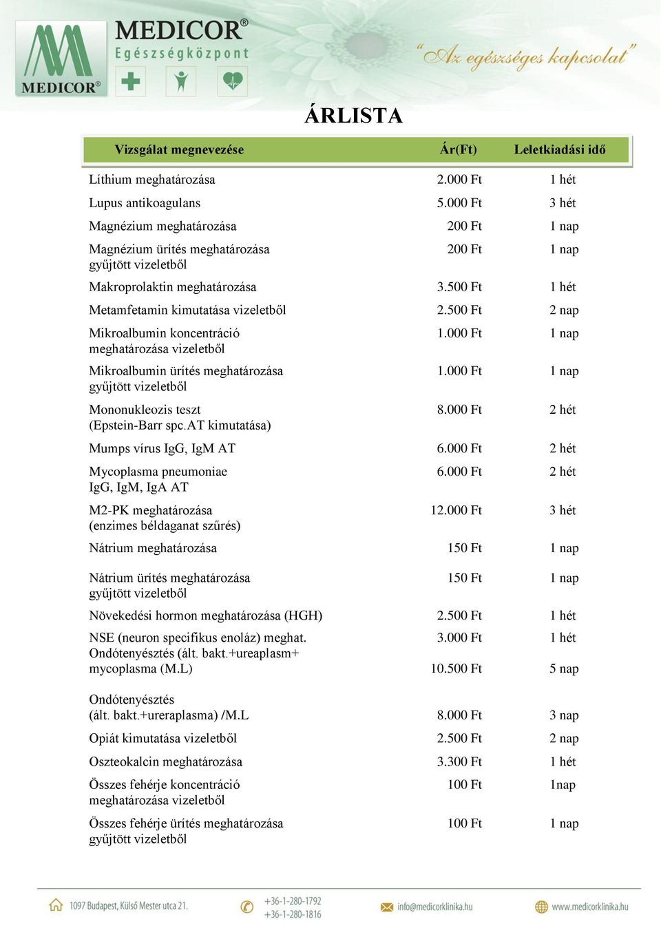 000 Ft 2 hét (Epstein-Barr spc.at kimutatása) Mumps vírus IgG, IgM AT 6.000 Ft 2 hét Mycoplasma pneumoniae 6.000 Ft 2 hét IgG, IgM, IgA AT M2-PK meghatározása 12.