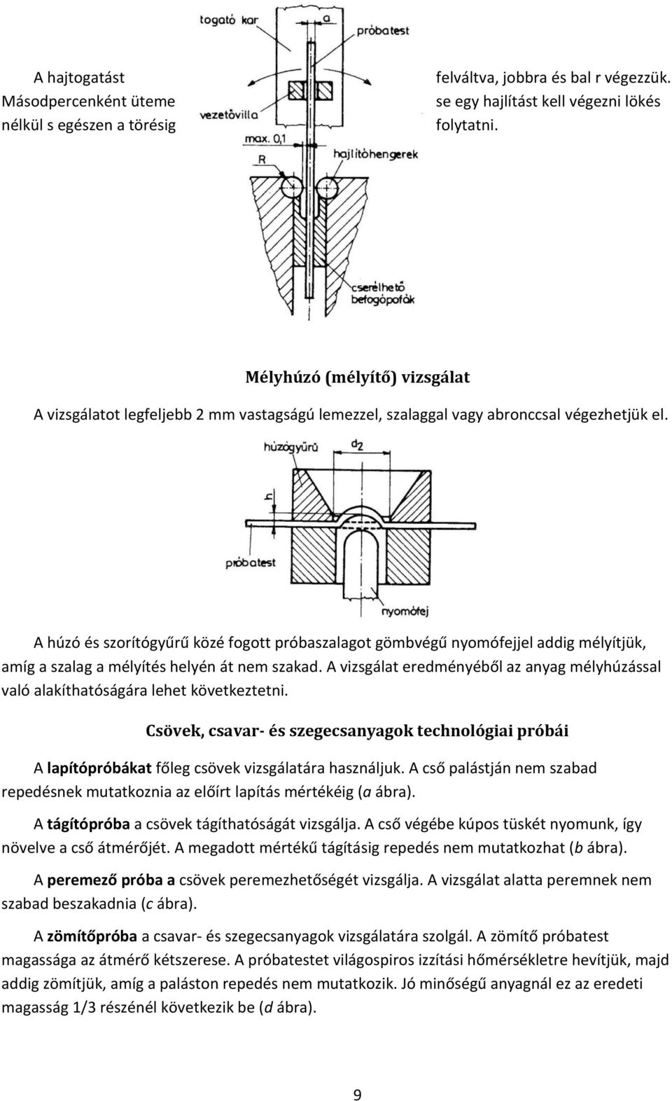 A húzó és szorítógyűrű közé fogott próbaszalagot gömbvégű nyomófejjel addig mélyítjük, amíg a szalag a mélyítés helyén át nem szakad.