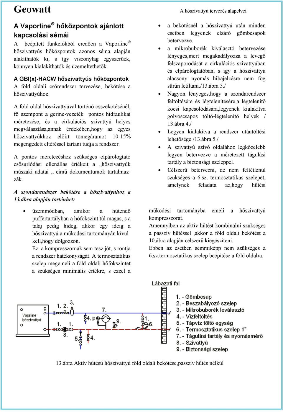 A GBI(x)-HACW hőszivattyús hőközpontok A föld oldali csőrendszer tervezése, bekötése a hőszivattyúhoz: A föld oldal hőszivattyúval történő összekötésénél, fő szempont a gerinc-vezeték pontos