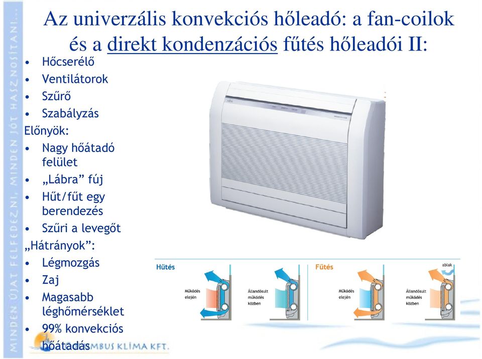 Szabályzás Előnyök: Nagy hőátadó felület Lábra fúj Hűt/fűt egy