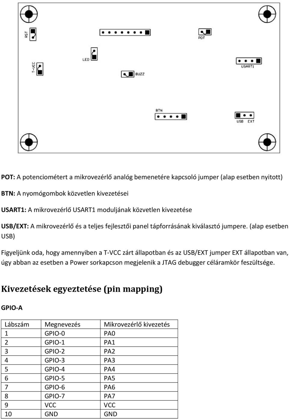 (alap esetben USB) Figyeljünk oda, hogy amennyiben a T VCC zárt állapotban és az USB/EXT jumper EXT állapotban van, úgy abban az esetben a Power sorkapcson megjelenik a JTAG