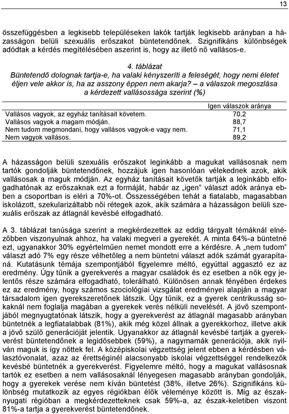 táblázat Büntetendő dolognak tartja-e, ha valaki kényszeríti a feleségét, hogy nemi életet éljen vele akkor is, ha az asszony éppen nem akarja?