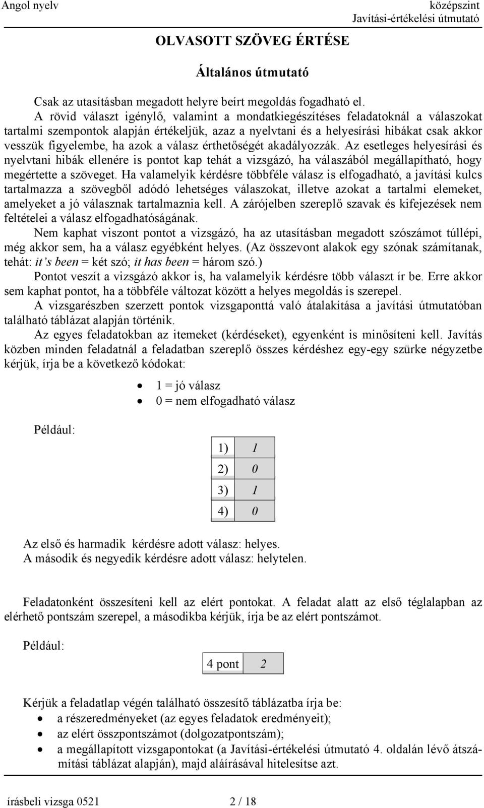 azok a válasz érthetőségét akadályozzák. Az esetleges helyesírási és nyelvtani hibák ellenére is pontot kap tehát a vizsgázó, ha válaszából megállapítható, hogy megértette a szöveget.