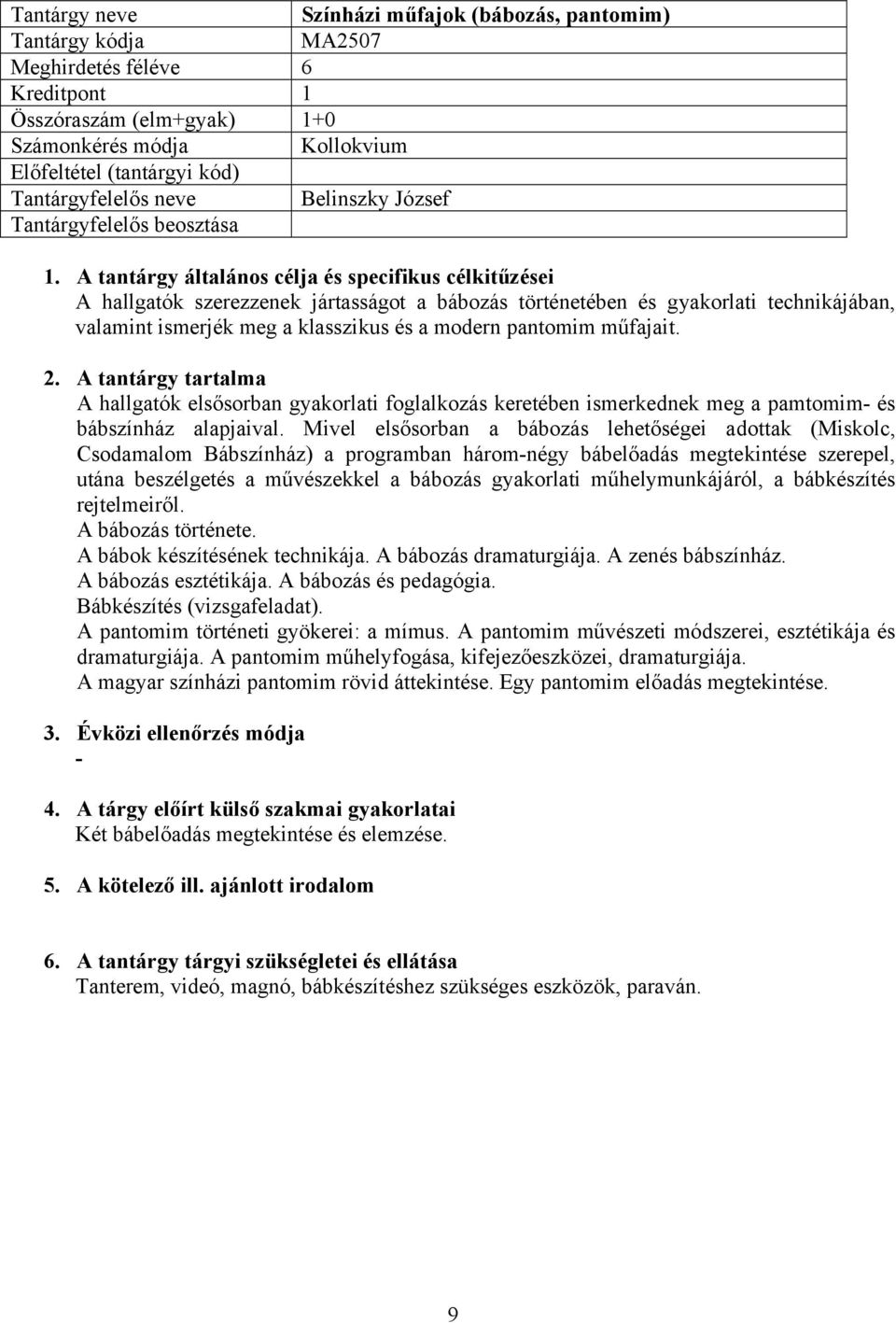 A hallgatók elsősorban gyakorlati foglalkozás keretében ismerkednek meg a pamtomim és bábszínház alapjaival.