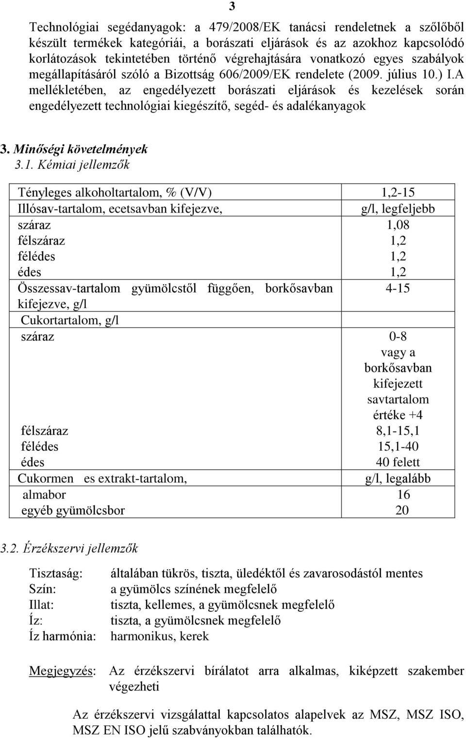 A mellékletében, az engedélyezett borászati eljárások és kezelések során engedélyezett technológiai kiegészítő, segéd- és adalékanyagok 3. Minőségi követelmények 3.1.