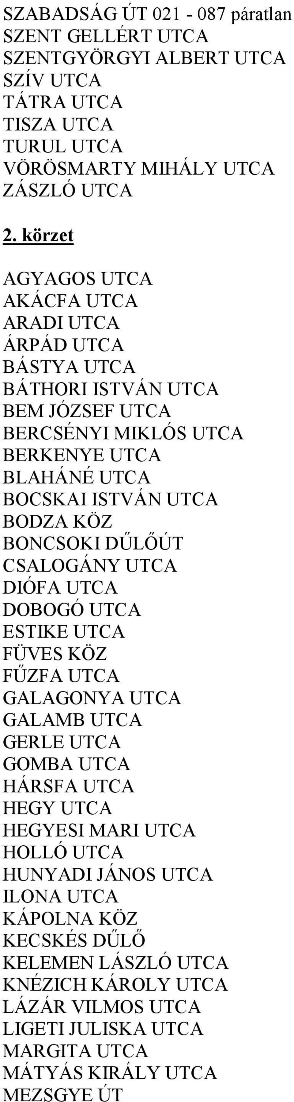 BODZA KÖZ BONCSOKI DŐLİÚT CSALOGÁNY UTCA DIÓFA UTCA DOBOGÓ UTCA ESTIKE UTCA FÜVES KÖZ FŐZFA UTCA GALAGONYA UTCA GALAMB UTCA GERLE UTCA GOMBA UTCA HÁRSFA UTCA HEGY UTCA