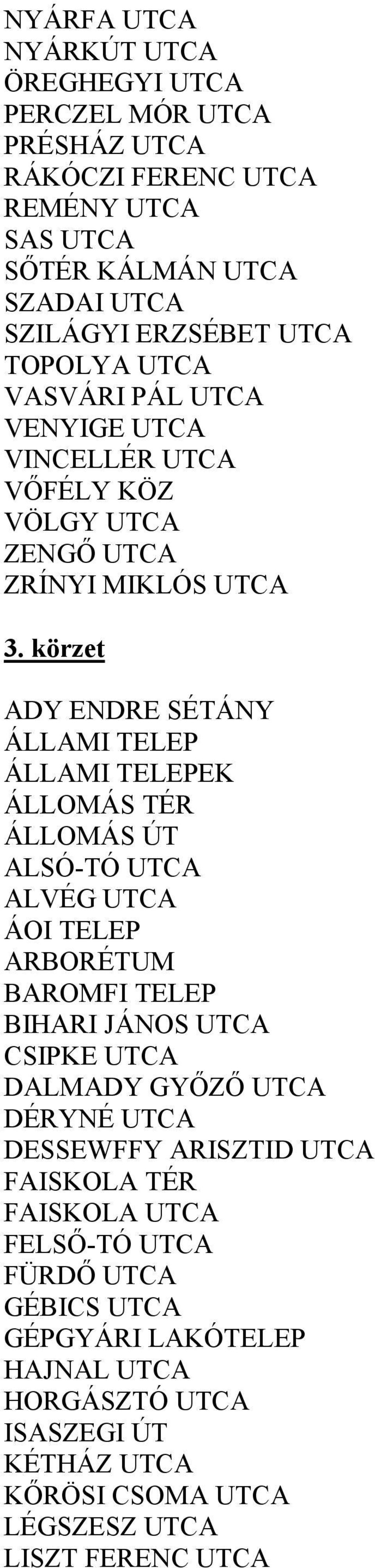 körzet ADY ENDRE SÉTÁNY ÁLLAMI TELEP ÁLLAMI TELEPEK ÁLLOMÁS TÉR ÁLLOMÁS ÚT ALSÓ-TÓ UTCA ALVÉG UTCA ÁOI TELEP ARBORÉTUM BAROMFI TELEP BIHARI JÁNOS UTCA CSIPKE UTCA