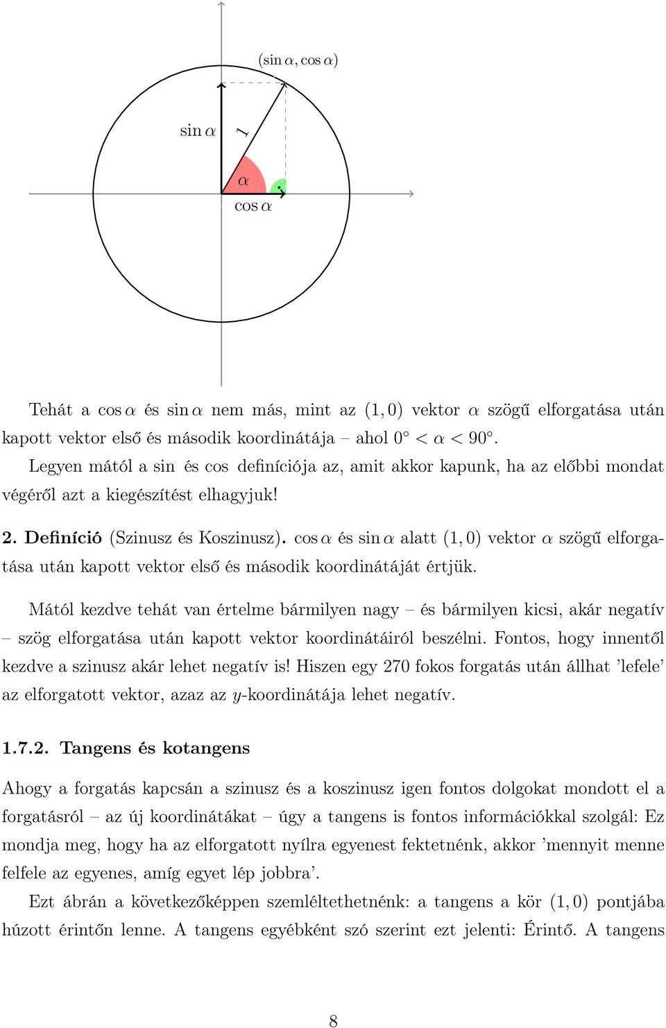 cos α és sin α alatt (, 0) vektor α szögű elforgatása után kapott vektor első és második koordinátáját értjük.