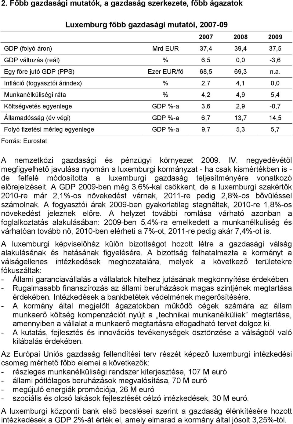 Infláció (fogyasztói árindex) % 2,7 4,1 0,0 Munkanélküliségi ráta % 4,2 4,9 5,4 Költségvetés egyenlege GDP %-a 3,6 2,9-0,7 Államadósság (év végi) GDP %-a 6,7 13,7 14,5 Folyó fizetési mérleg egyenlege