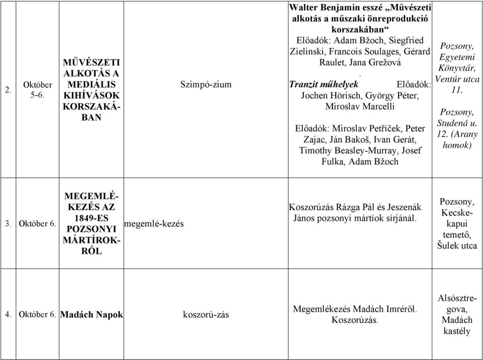 Gerát, Timothy Beasley-Murray, Josef Fulka, Adam Bžoch Egyetemi Könyvtár, Ventúr utca 11 Studená u 12 (Arany homok) 3 Október 6 MEGEMLÉ- KEZÉS AZ 1849-ES megemlé-kezés POZSONYI MÁRTÍROK- RÓL