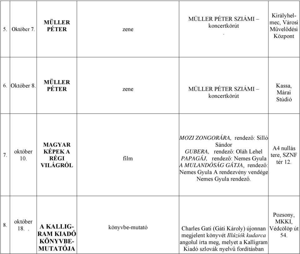 rendező: Nemes Gyula A rendezvény vendége Nemes Gyula rendező A4 nullás tere, SZNF tér 12 8 18 A KALLIG- RAM KIADÓ KÖNYVBE- MUTATÓJA könyvbe-mutató