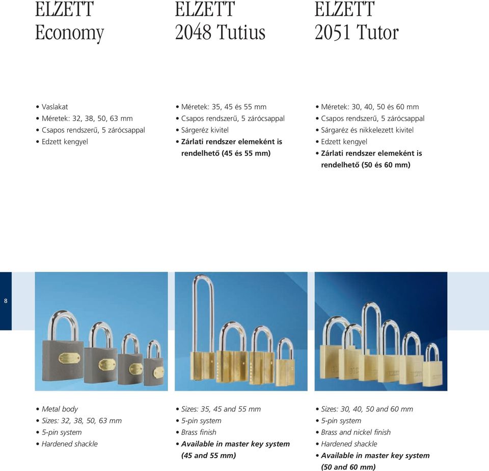 zárócsappal Sárgaréz és nikkelezett kivitel Edzett kengyel Zárlati rendszer elemeként is rendelhetô (50 és 60 mm) 8 Metal body Sizes: 32, 38, 50, 63 mm 5-pin