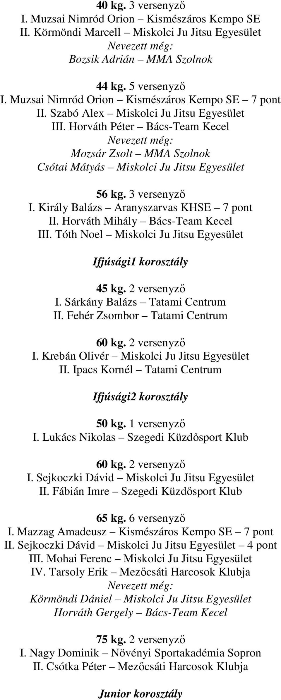 3 versenyzı I. Király Balázs Aranyszarvas KHSE 7 pont II. Horváth Mihály Bács-Team Kecel III. Tóth Noel Miskolci Ju Jitsu Egyesület Ifjúsági1 korosztály 45 kg. 2 versenyzı I.