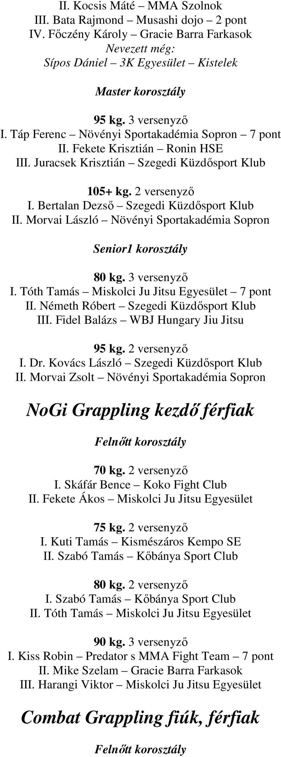 Morvai László Növényi Sportakadémia Sopron Senior1 korosztály 80 kg. 3 versenyzı I. Tóth Tamás Miskolci Ju Jitsu Egyesület 7 pont II. Németh Róbert Szegedi Küzdısport Klub III.