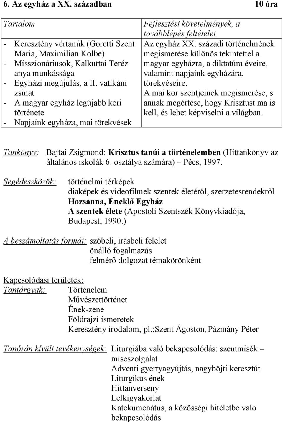 századi történelmének megismerése különös tekintettel a magyar egyházra, a diktatúra éveire, valamint napjaink egyházára, törekvéseire.