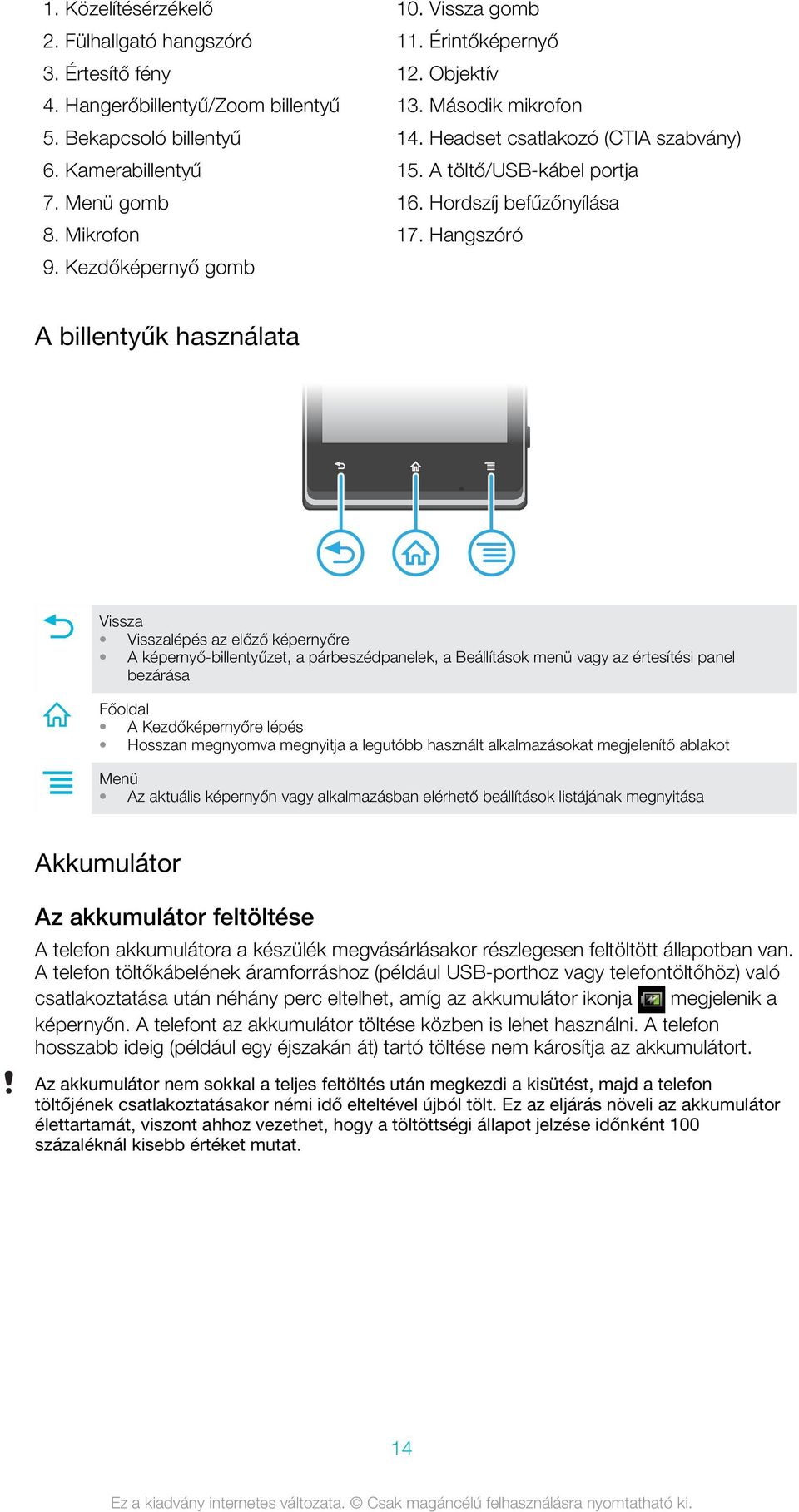 Hangszóró A billentyűk használata Vissza Visszalépés az előző képernyőre A képernyő-billentyűzet, a párbeszédpanelek, a Beállítások menü vagy az értesítési panel bezárása Főoldal A Kezdőképernyőre