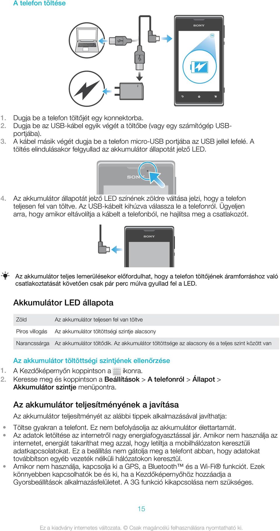 Az akkumulátor állapotát jelző LED színének zöldre váltása jelzi, hogy a telefon teljesen fel van töltve. Az USB-kábelt kihúzva válassza le a telefonról.