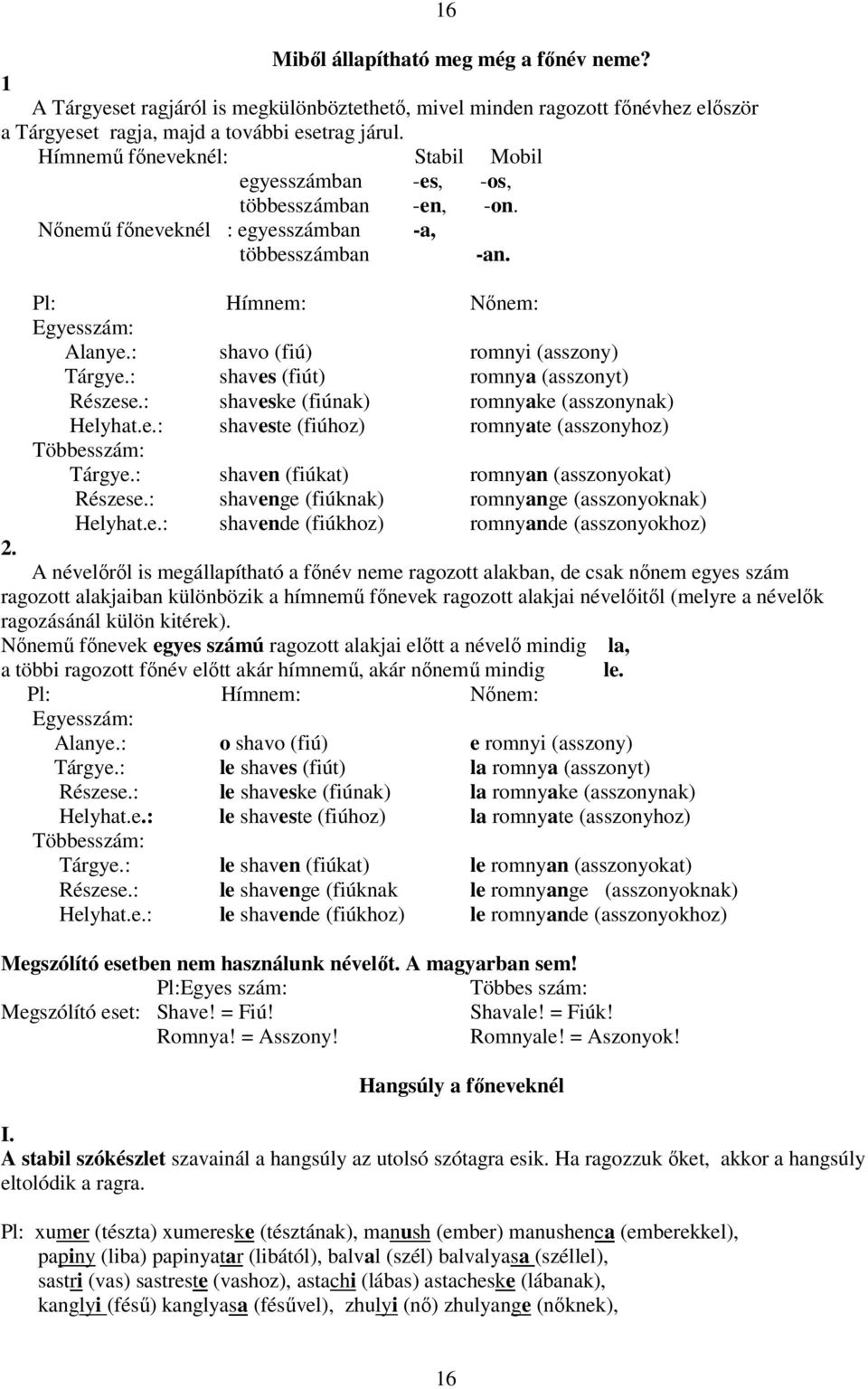 : shavo (fiú) romnyi (asszony) Tárgye.: shaves (fiút) romnya (asszonyt) Részese.: shaveske (fiúnak) romnyake (asszonynak) Helyhat.e.: shaveste (fiúhoz) romnyate (asszonyhoz) Többesszám: Tárgye.