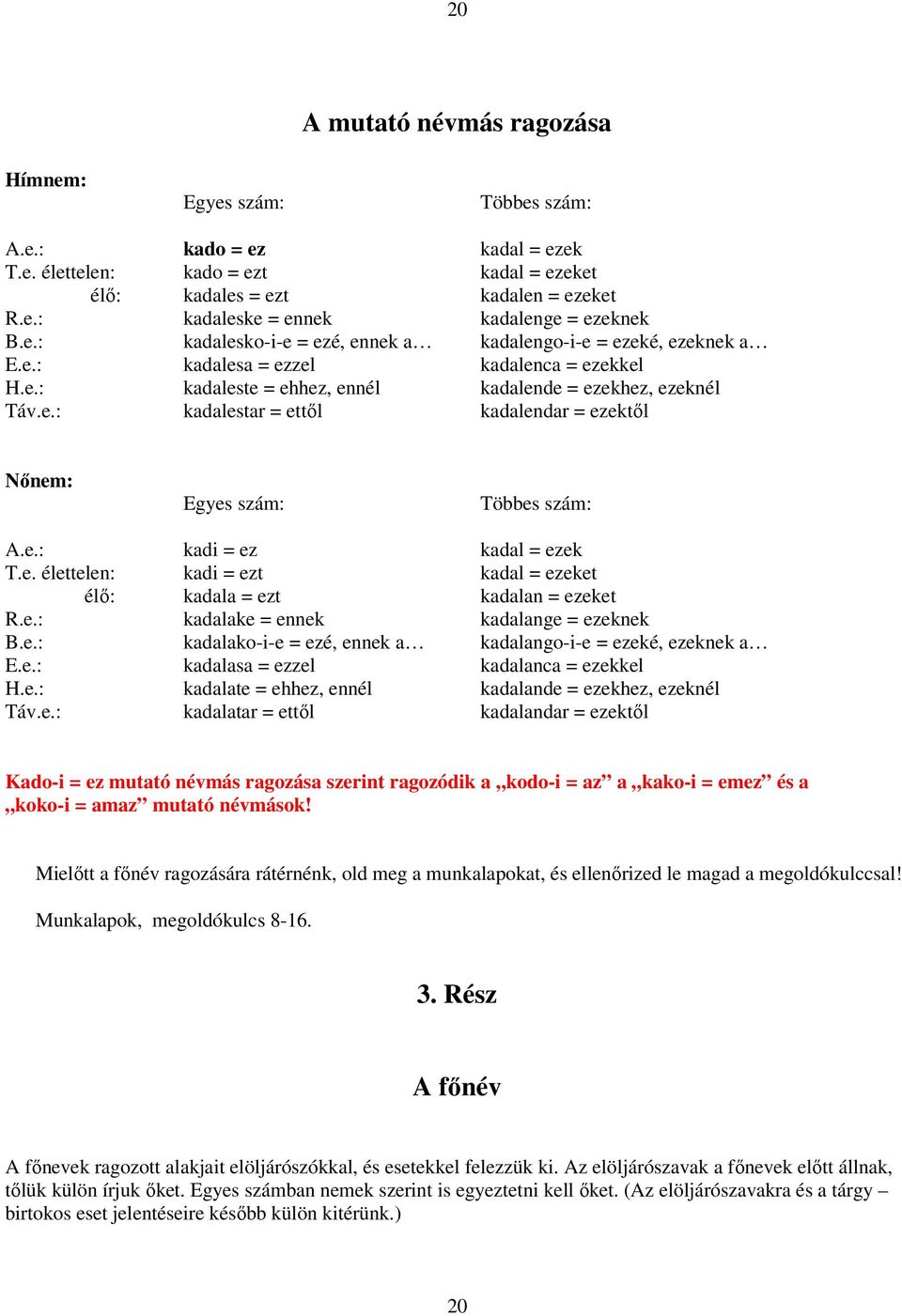 e.: kadi = ez kadal = ezek T.e. élettelen: kadi = ezt kadal = ezeket élı: kadala = ezt kadalan = ezeket R.e.: kadalake = ennek kadalange = ezeknek B.e.: kadalako-i-e = ezé, ennek a kadalango-i-e = ezeké, ezeknek a E.
