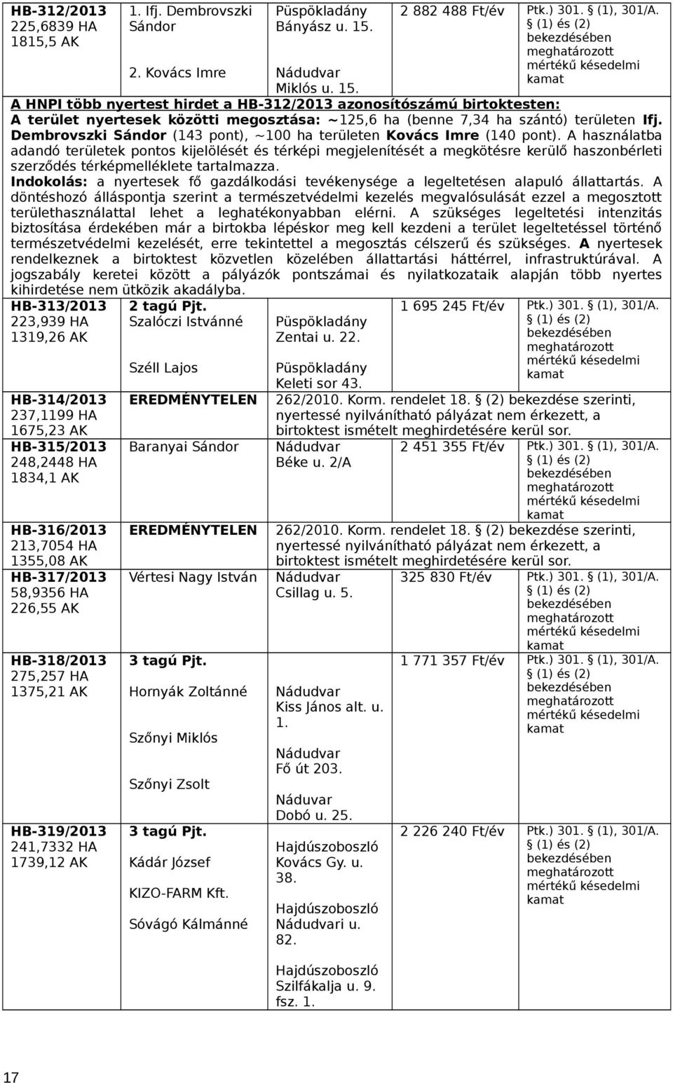 A HNPI több nyertest hirdet a HB-312/2013 azonosítószámú birtoktesten: A terület nyertesek közötti megosztása: ~125,6 ha (benne 7,34 ha szántó) területen Ifj.