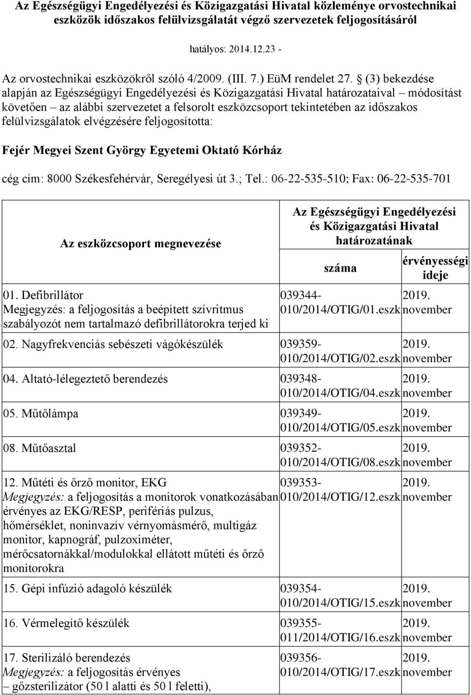 Defibrillátor Megjegyzés: a feljogosítás a beépített szívritmus szabályozót nem tartalmazó defibrillátorokra terjed ki és Közigazgatási Hivatal érvényességi ideje 039344-010/2014/OTIG/01.