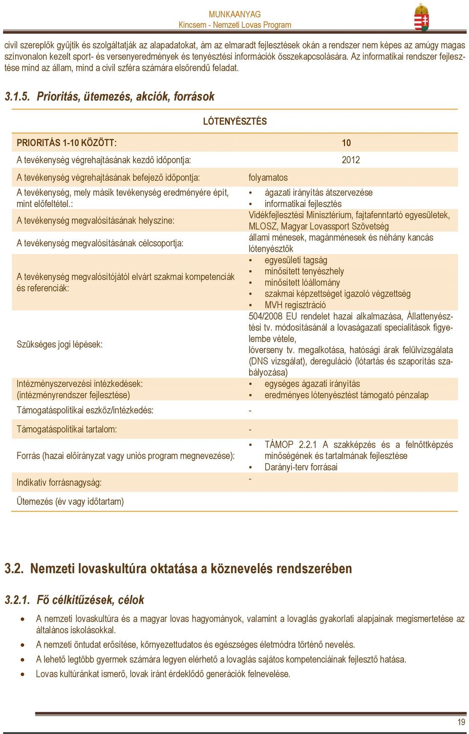Prioritás, ütemezés, akciók, források LÓTENYÉSZTÉS PRIORITÁS 110 KÖZÖTT: 10 A tevékenység végrehajtásának kezdő időpontja: 2012 A tevékenység végrehajtásának befejező időpontja: A tevékenység, mely
