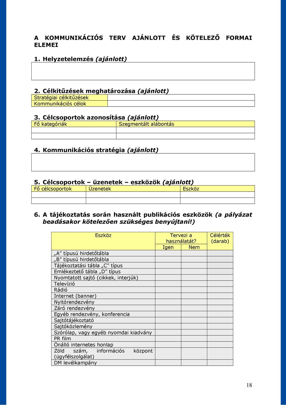 A tájékoztatás során használt publikációs eszközök (a pályázat beadásakor kötelezően szükséges benyújtani!