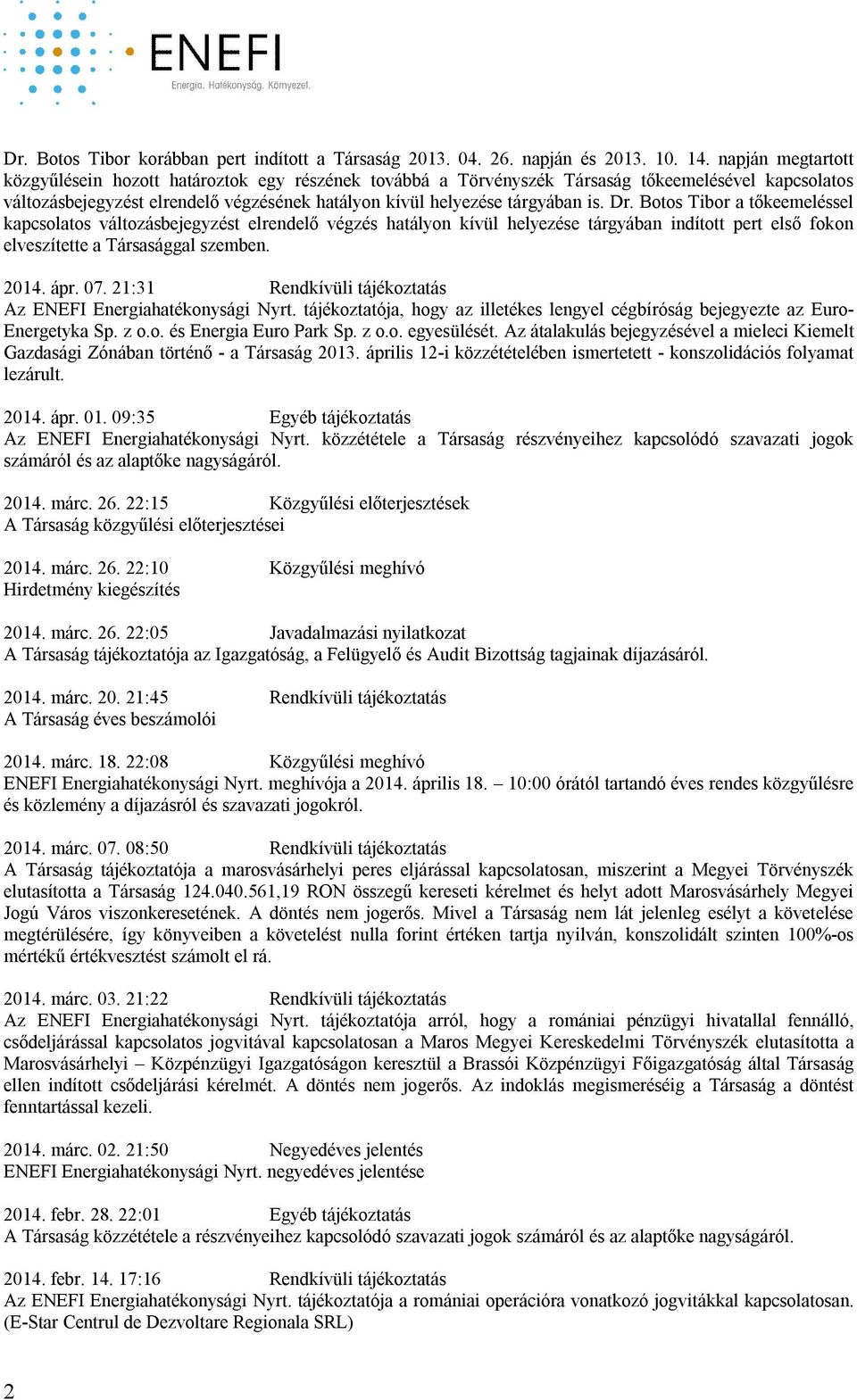 Dr. Botos Tibor a tőkeemeléssel kapcsolatos változásbejegyzést elrendelő végzés hatályon kívül helyezése tárgyában indított pert első fokon elveszítette a Társasággal szemben. 2014. ápr. 07.