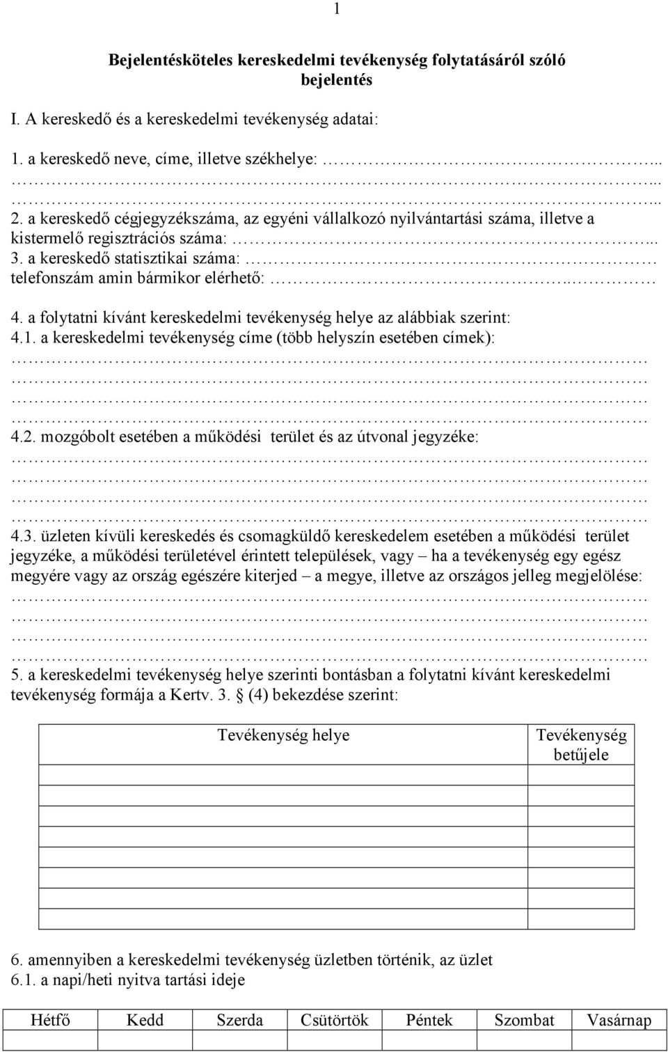 a folytatni kívánt kereskedelmi tevékenység helye az alábbiak szerint: 4.1. a kereskedelmi tevékenység címe (több helyszín esetében címek): 4.2.