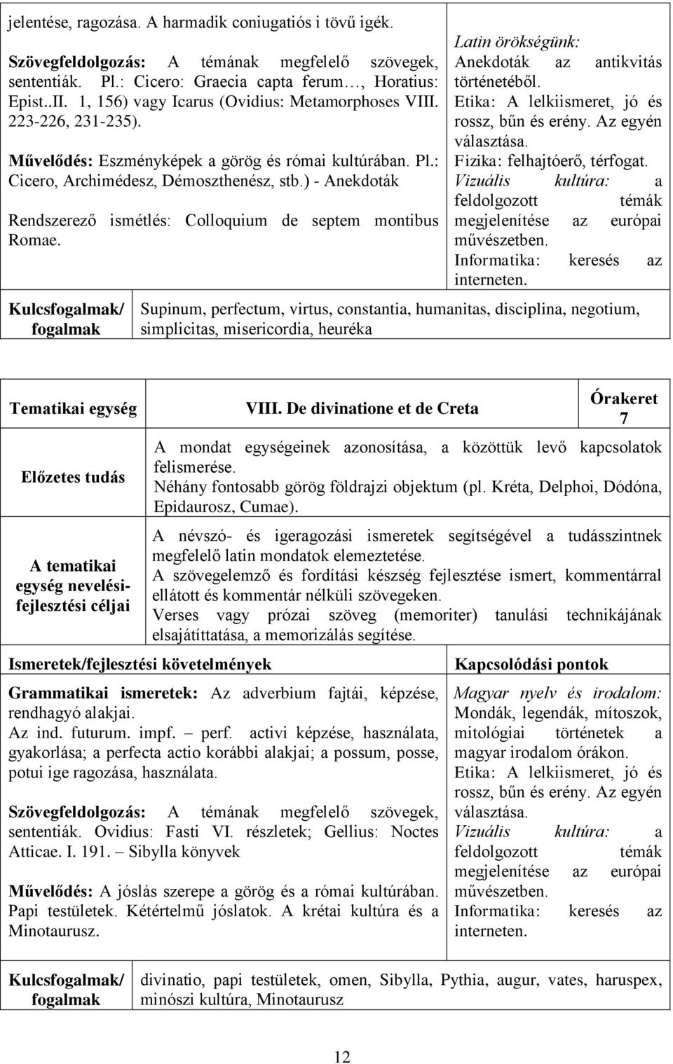 ) - Anekdoták Rendszerező ismétlés: Colloquium de septem montibus Romae. Kulcs/ Latin örökségünk: Anekdoták az antikvitás történetéből. Etika: A lelkiismeret, jó és rossz, bűn és erény.