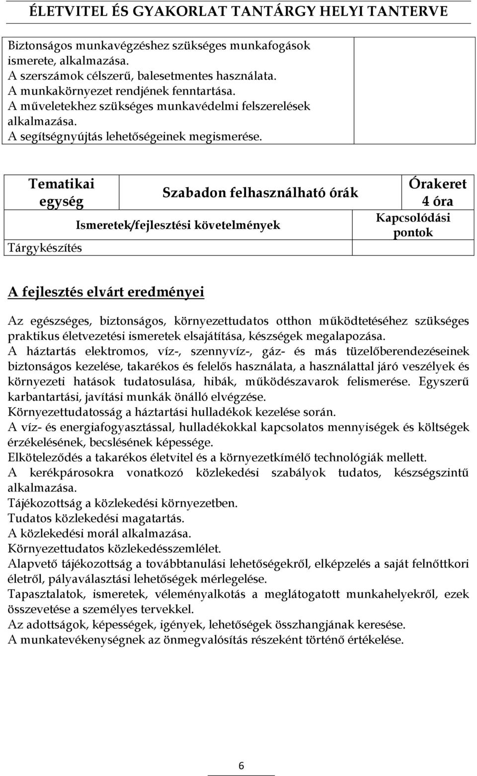 Tematikai egység Tárgykészítés Szabadon felhasználható órák Órakeret 4 óra A fejlesztés elvárt eredményei Az egészséges, biztonságos, környezettudatos otthon működtetéséhez szükséges praktikus