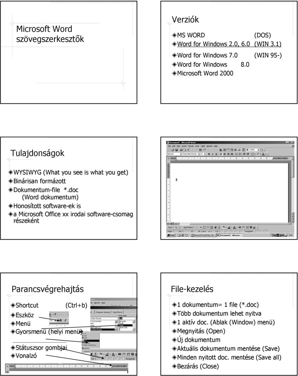 doc (Word dokumentum) Honosított software-ek is a Microsoft Office xx irodai software-csomag részeként Parancsvégrehajtás Shortcut (Ctrl+b) Eszköz Menü Gyorsmenü (helyi