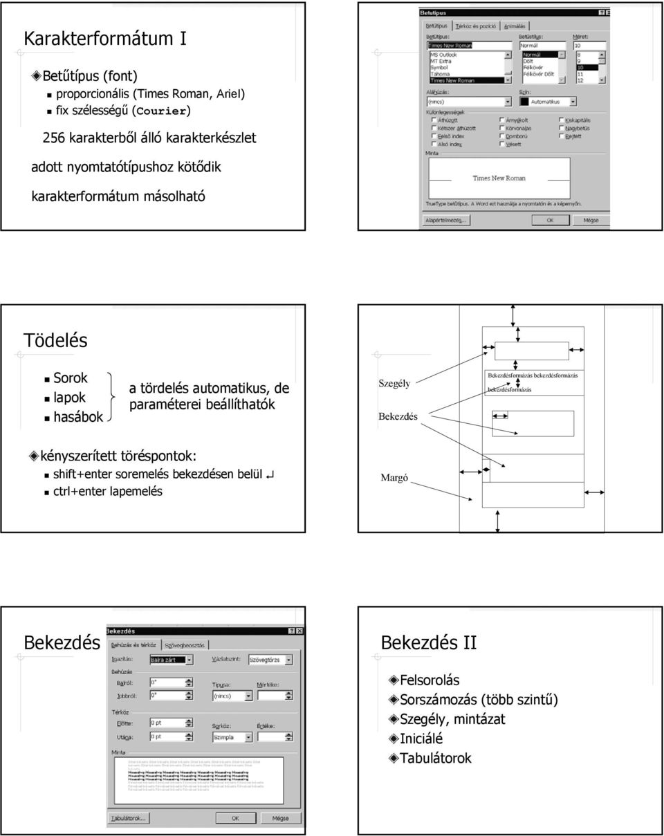 paraméterei beállíthatók Szegély Bekezdés Bekezdésformázás bekezdésformázás bekezdésformázás kényszerített töréspontok: shift+enter