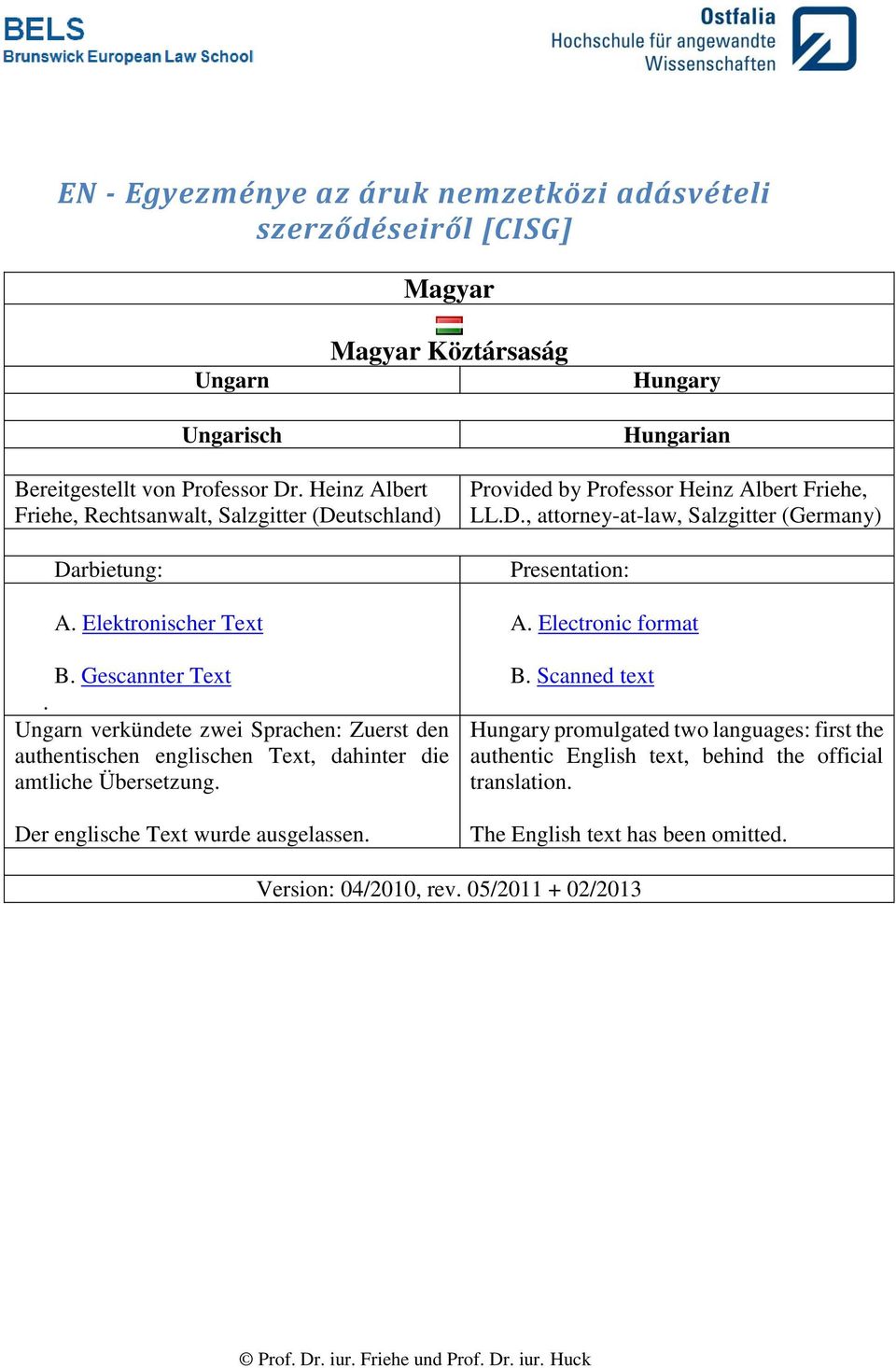 Ungarn verkündete zwei Sprachen: Zuerst den authentischen englischen Text, dahinter die amtliche Übersetzung. Der englische Text wurde ausgelassen. Provided by Professor Heinz Albert Friehe, LL.D., attorney-at-law, Salzgitter (Germany) Presentation: A.