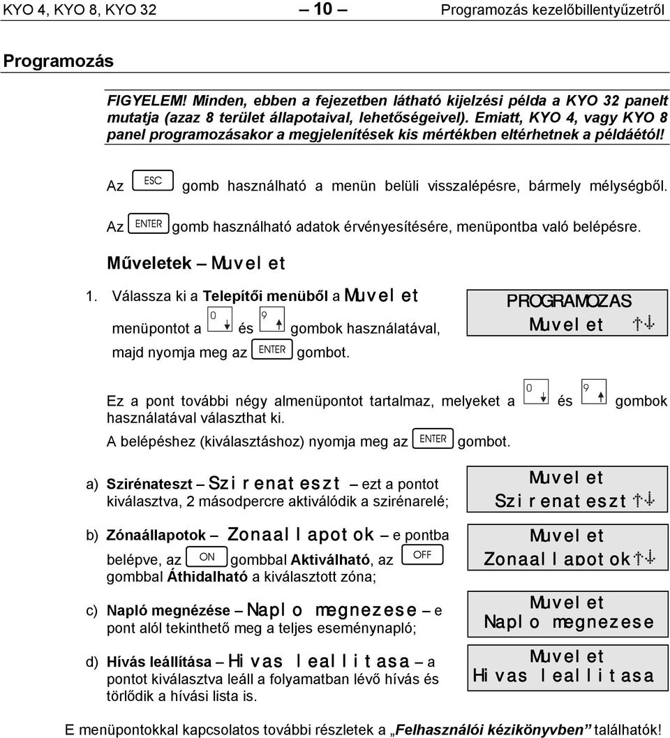 Emiatt, KYO 4, vagy KYO 8 panel programozásakor a megjelenítések kis mértékben eltérhetnek a példáétól! Az Az gomb használható a menün belüli visszalépésre, bármely mélységből.