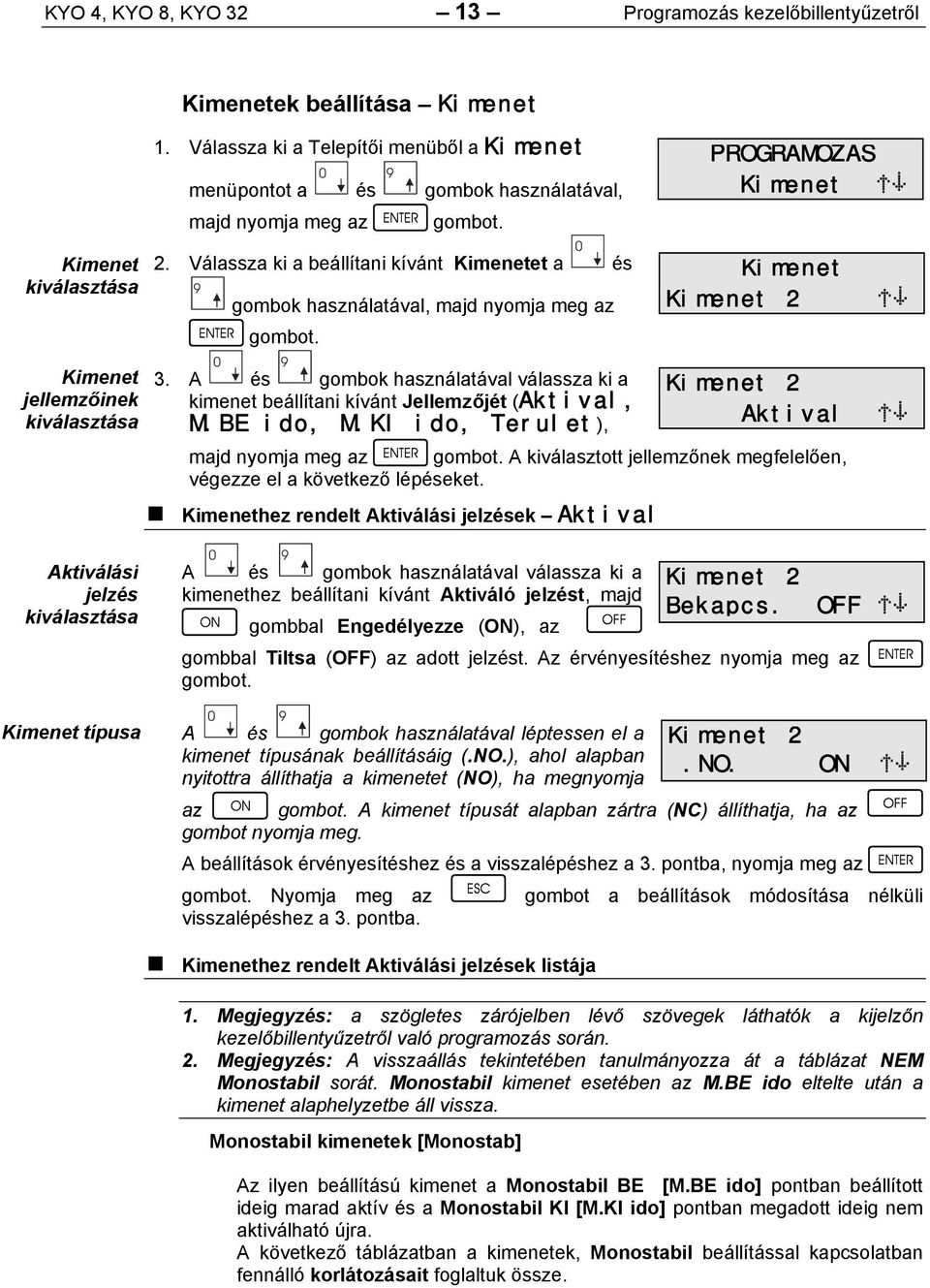 A 0 és 9 gombok használatával válassza ki a kimenet beállítani kívánt Jellemzőjét (Aktival, M.BE ido, M.KI ido, Terulet), majd nyomja meg az végezze el a következő lépéseket.