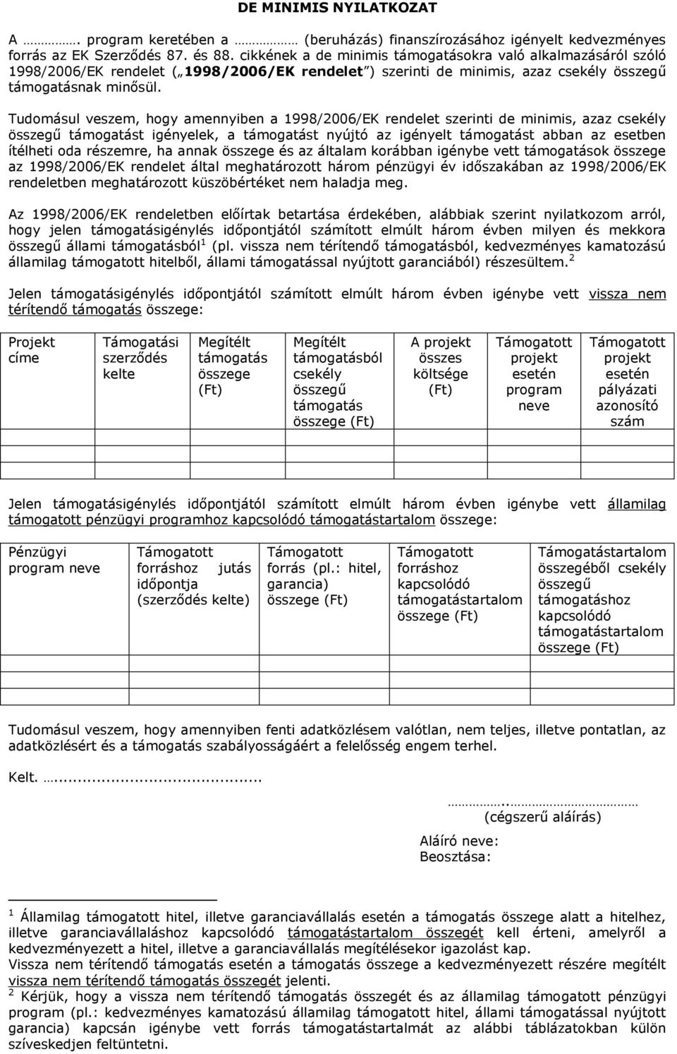 Tudomásul veszem, hogy amennyiben a 1998/2006/EK rendelet szerinti de minimis, azaz csekély összegű támogatást igényelek, a támogatást nyújtó az igényelt támogatást abban az esetben ítélheti oda