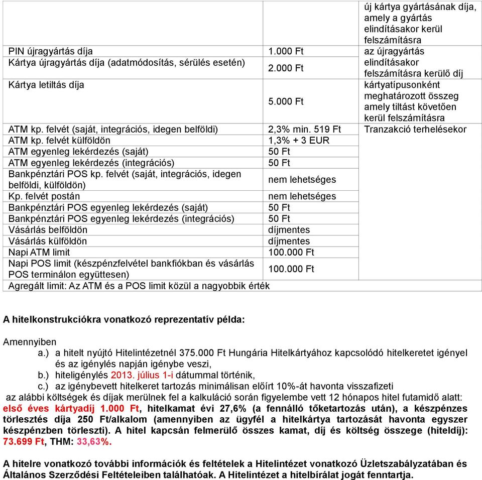 felvét (saját, integrációs, idegen belföldi) 2,3% min. 519 Ft Tranzakció terhelésekor ATM kp.