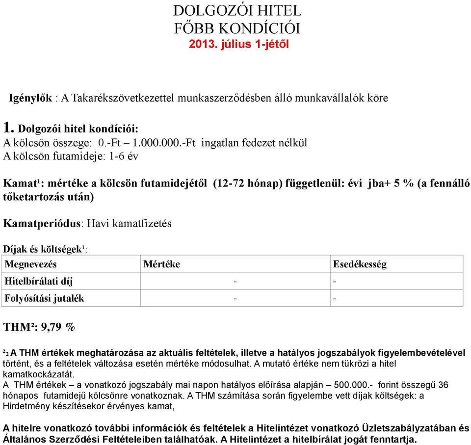 kamatfizetés Díjak és költségek¹: Mértéke Esedékesség Hitelbírálati díj - - Folyósítási jutalék - - THM²: 9,79 % ²2 A THM értékek meghatározása az aktuális feltételek, illetve a hatályos jogszabályok