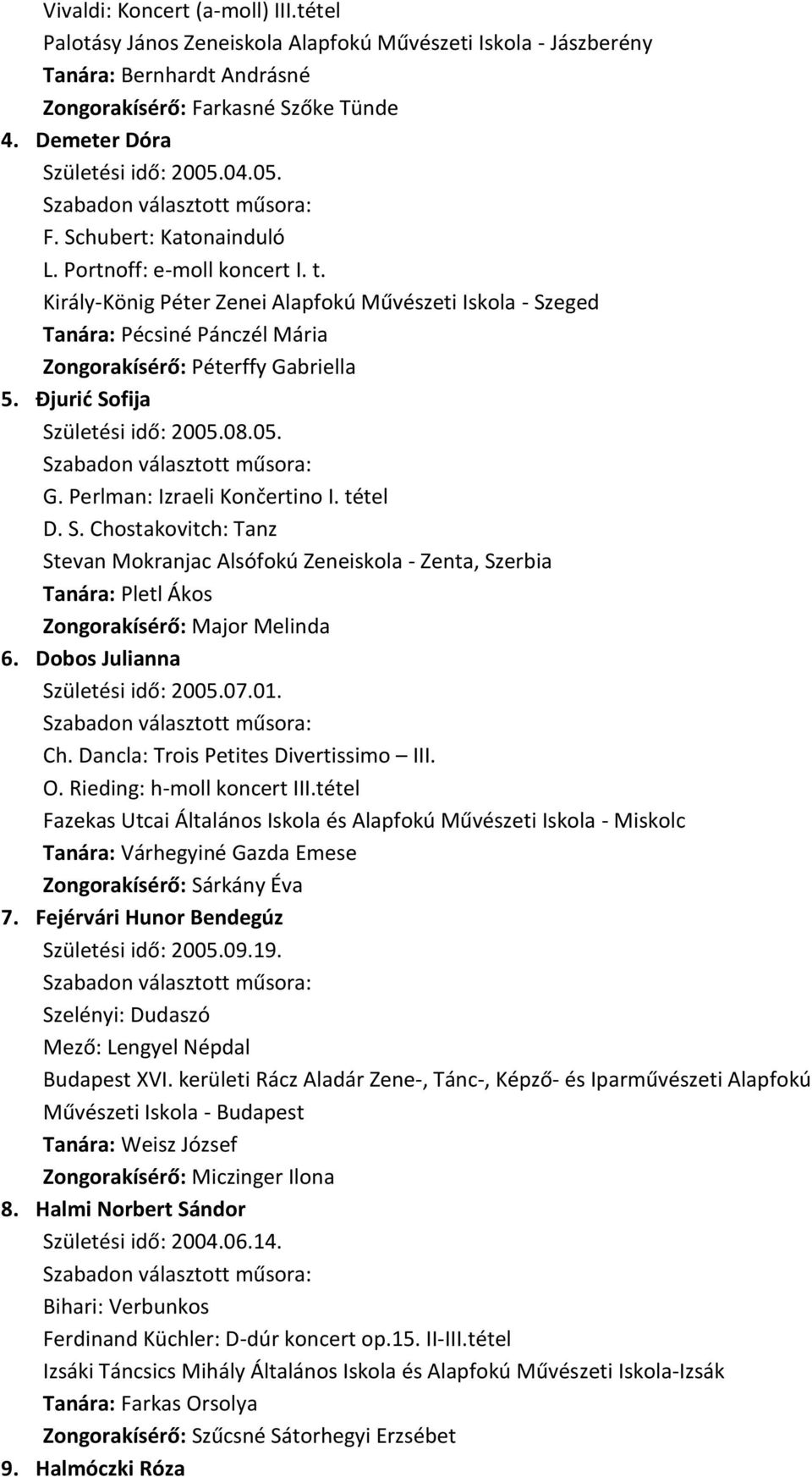 Đjurić Sofija Születési idő: 2005.08.05. G. Perlman: Izraeli Končertino I. tétel D. S. Chostakovitch: Tanz Stevan Mokranjac Alsófokú Zeneiskola - Zenta, Szerbia Tanára: Pletl Ákos Zongorakísérő: Major Melinda 6.