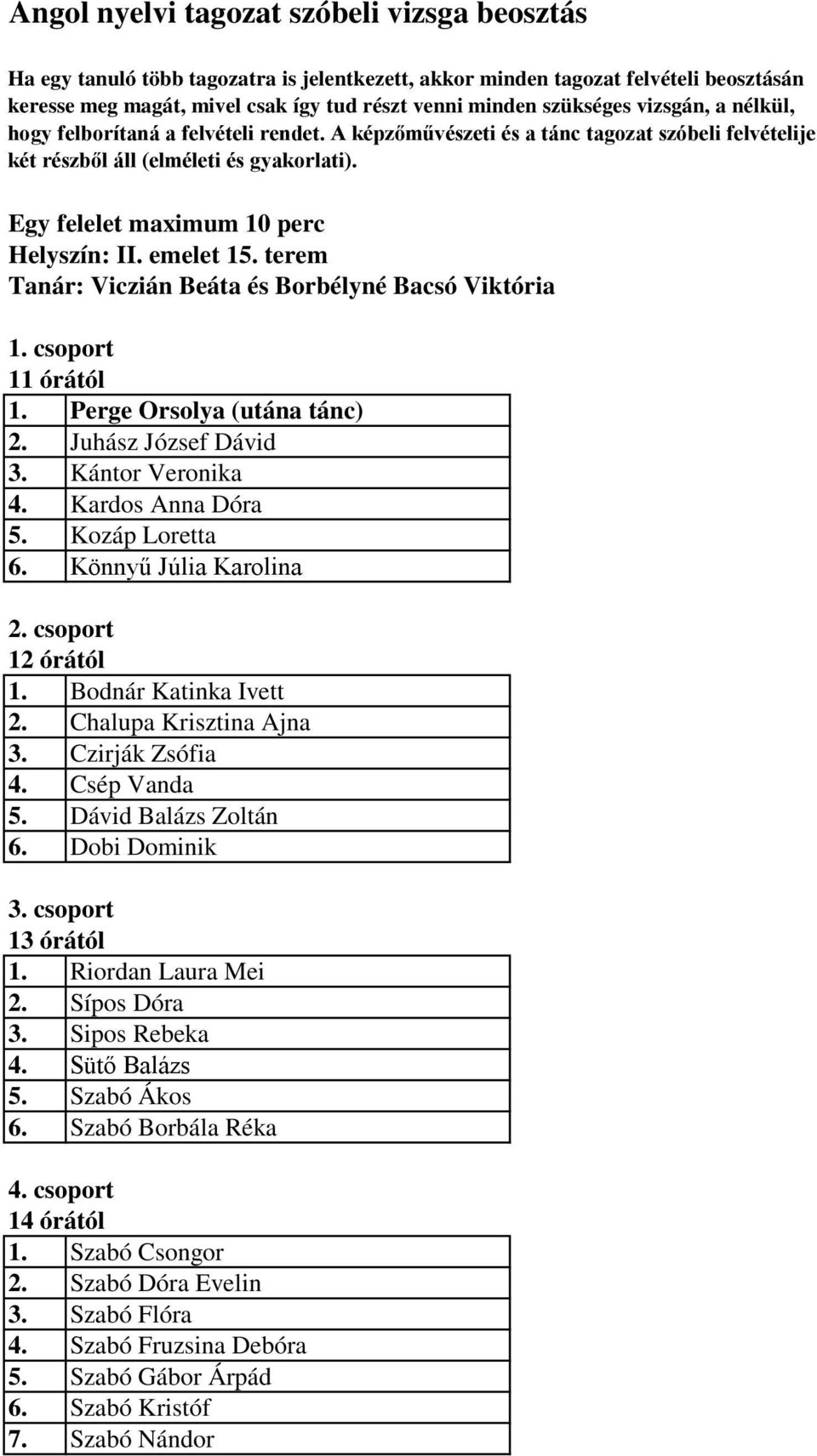 Czirják Zsófia 4. Csép Vanda 5. Dávid Balázs Zoltán 6. Dobi Dominik 3. csoport 13 órától 1. Riordan Laura Mei 2. Sípos Dóra 3. Sipos Rebeka 4. Sütő Balázs 5.