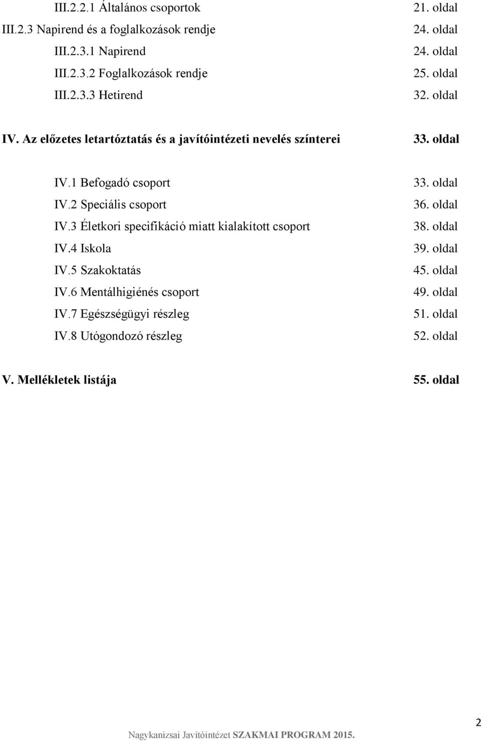 2 Speciális csoport IV.3 Életkori specifikáció miatt kialakított csoport IV.4 Iskola IV.5 Szakoktatás IV.6 Mentálhigiénés csoport IV.