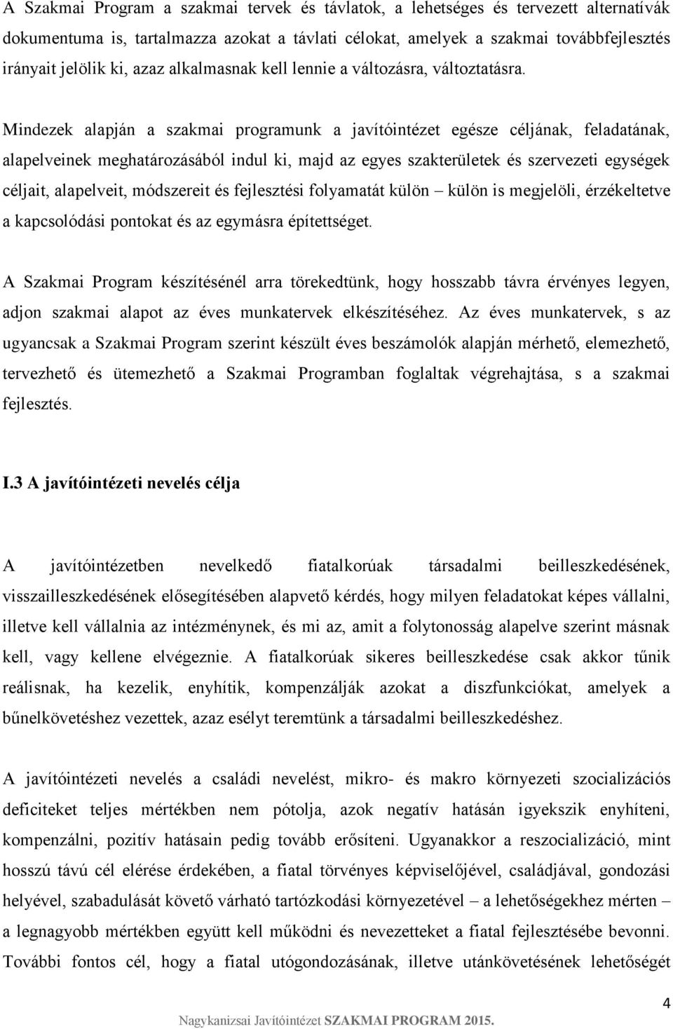 Mindezek alapján a szakmai programunk a javítóintézet egésze céljának, feladatának, alapelveinek meghatározásából indul ki, majd az egyes szakterületek és szervezeti egységek céljait, alapelveit,