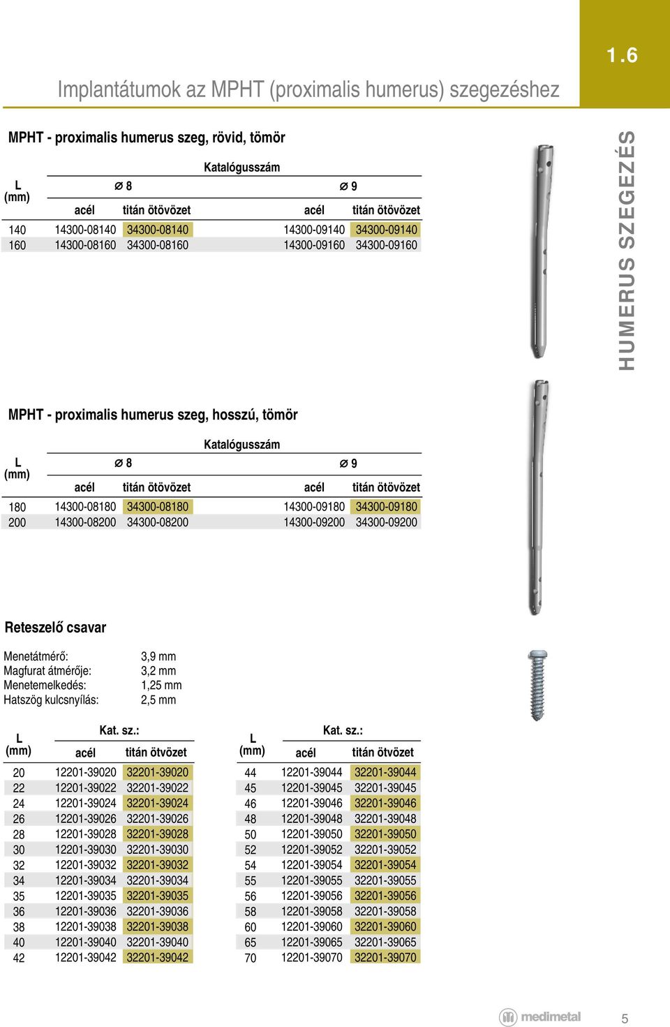 34300-09140 34300-09160 MPHT - proximalis humerus szeg, hosszú, tömör L (mm) 180 200 8 Katalógusszám acél titán ötövözet acél titán ötövözet 14300-08180 14300-08200 34300-08180 34300-08200