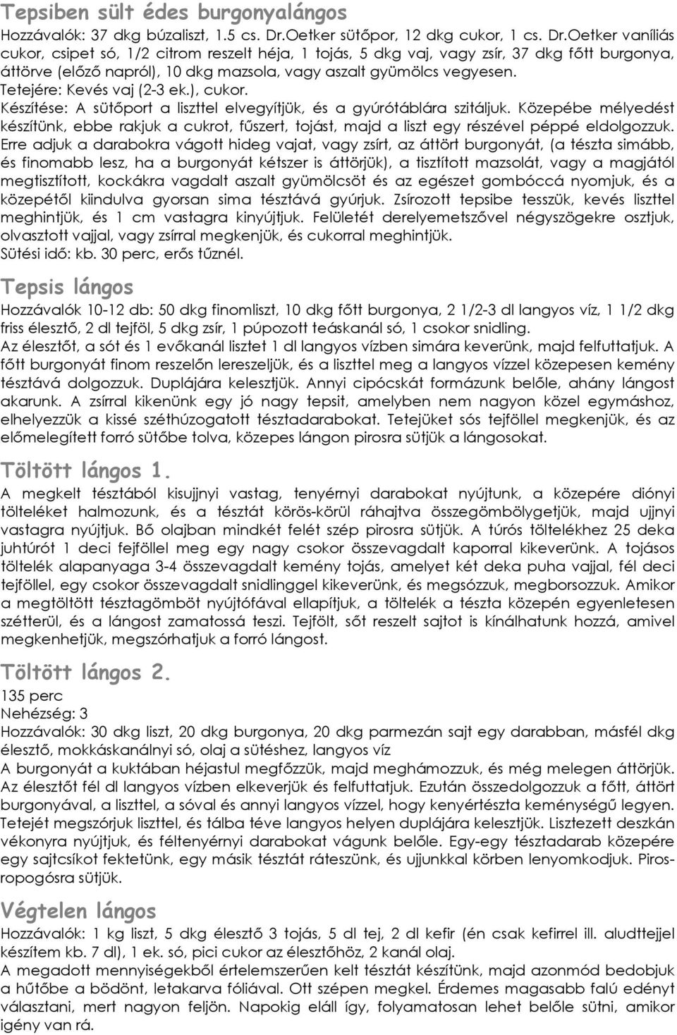 Oetker vaníliás cukor, csipet só, 1/2 citrom reszelt héja, 1 tojás, 5 dkg vaj, vagy zsír, 37 dkg főtt burgonya, áttörve (előző napról), 10 dkg mazsola, vagy aszalt gyümölcs vegyesen.