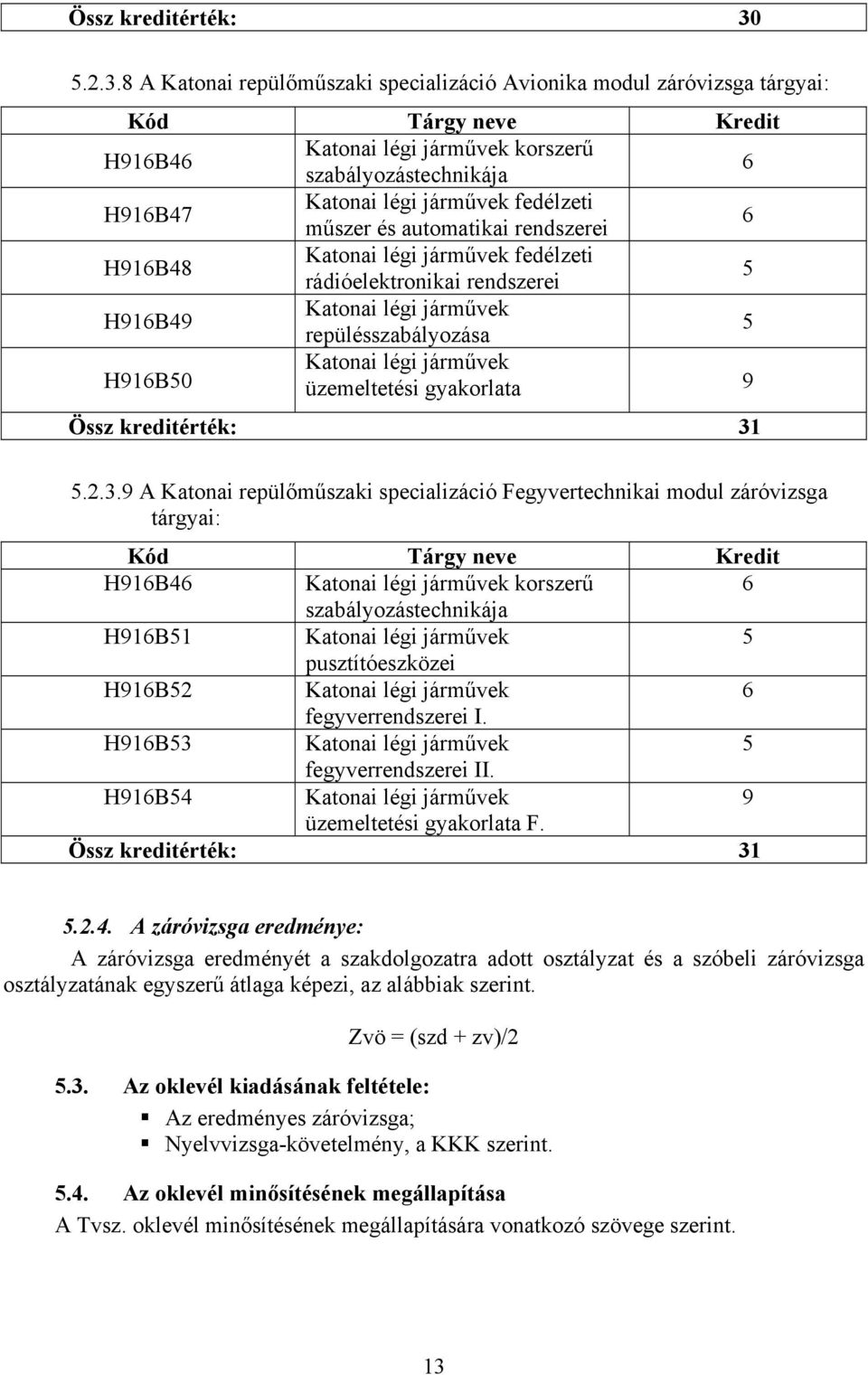 8 A Katonai repülőműszaki specializáció Avionika modul záróvizsga tárgyai: Kód Tárgy neve Kredit H916B46 Katonai légi járművek korszerű szabályozástechnikája 6 H916B47 Katonai légi járművek fedélzeti
