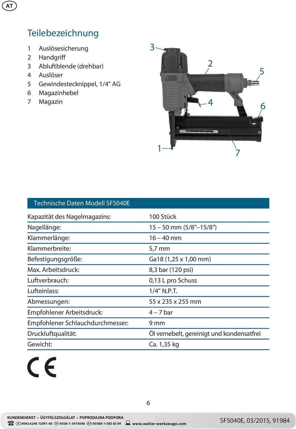 Befestigungsgröße: Ga18 (1,25 x 1,00 mm) Max. Arbeitsdruck: 8,3 bar (120 psi) Luftverbrauch: 0,13 L pro Schuss Lufteinlass: 1/4" N.P.T.