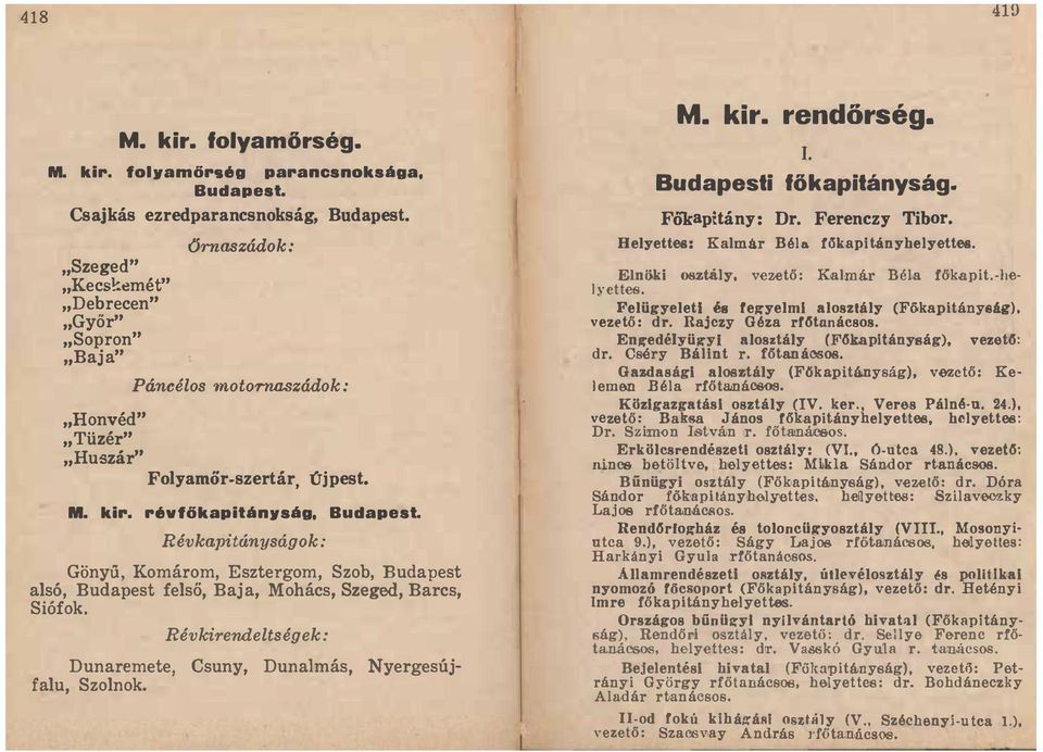 "Honvéd " " "Tüzér " "Huszár Folyamör-szertár újpest M kir r6v'ökapitánwság Budapest Révkapitányságok: Gönyü Komárom Esztergom Szob Budapest alsó Budapest felsö Baja Mohács Szeged Barcs Siófok